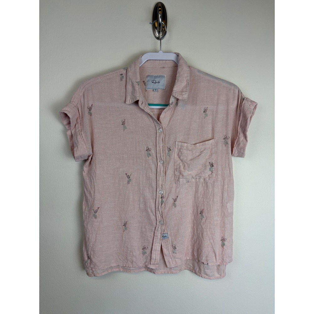 Rails Whitney Shirt XS Pink Hula Girl Luau Linen Short Sleeve Button Down Top